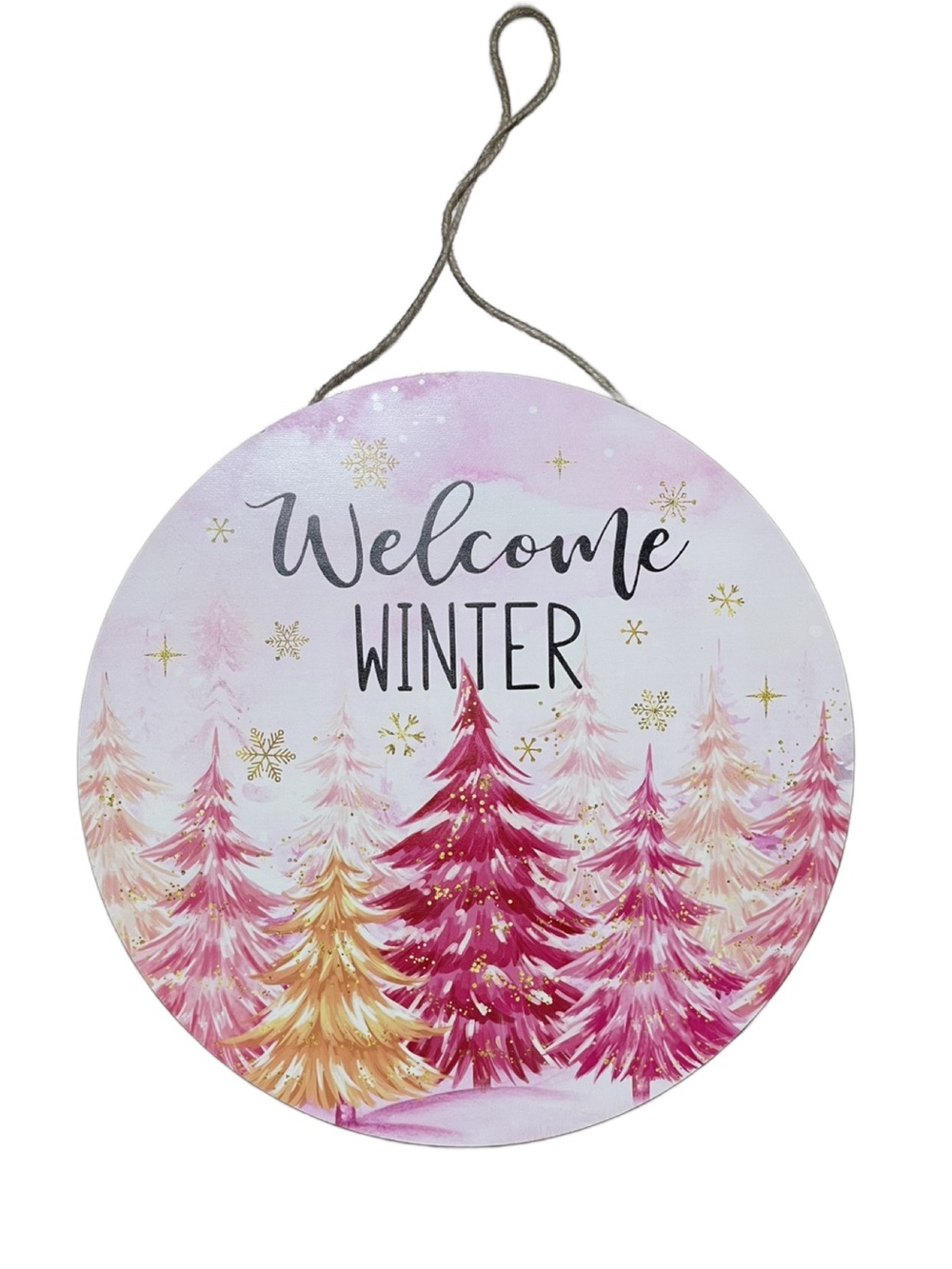 Welcome Winter Pink & Gold Round Wooden Hanging Sign - Holiday Decor 12”x12”